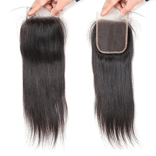 Straight Human Hair Bundles With Closure 18 20 22+16closure 100% Unprocessed Remy Brazilian Virgin Straight Hair 3 Bundles with 4x4 Free Part Closure 9A Remy Human Hair Extensions Natural Color