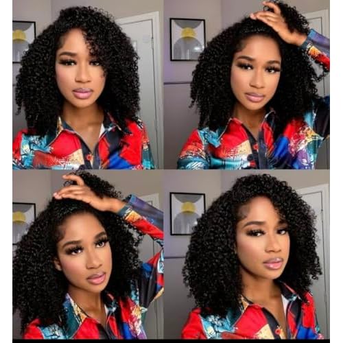 Larhali Kinky Curly Half Wig Human Hair 180% Density Wear And Go Glueless Wigs Human Hair 18 Inch Curly 3 In 1 Half Wigs for Women Drawstring Seamless Flip Headband Wig Beginner Friendly