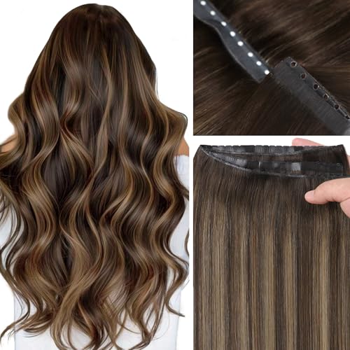 LOXXY Butterfly Double Weft Human Hair Extensions - 100% Remy Invisible Genius OVO PU Weft Extensions - Darkest Brown to Chestnut Brown Highlights, 20 Inch 100g, Width 31.5"(80cm)