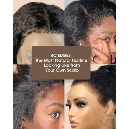 MENTOR 4C Edges Kinky Straight Lace Front Wigs Human Hair Yaki Stairght 13x4 HD Transparent Lace Frontal Kinkystraight Wigs with Curly Edges Hairline Pre-Plucked 180% Density 22 inch