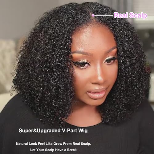 Domiso Afro Kinky Curly V Part Wig Human Hair Pre-Minimum Leave Out Upgraded V Part Wigs with Anti Slip Elastic Band and Removable Clips for Secure 20 Inch