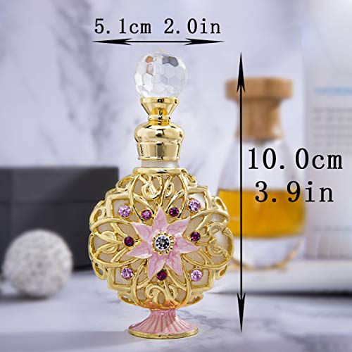 YU FENG Jeweled Flower Perfume Bottles Empty Vintage Decorative Fancy Crystal Glass Perfume Bottle Refillable(Golden,10ml)