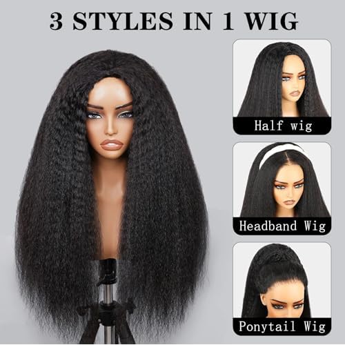 200 Density Kinky Straight Half Wig Human Hair 20 Inch,Yaki Straight 3 In 1 Seamless Flip Over Half Wigs Human Hair Wear Go Glueless Beginner Friendly Curly Half Wig Drawstring Headband Wig for Women