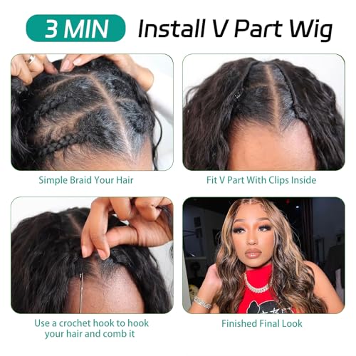 V Part Wig Human Hair Body Wave Glueless No Leave Out Upgrade 26 Inch U Part Wigs Human Hair Clip In Half Wigs 100% Real Human Hair Elastic Drawstring For Women 180% Density #1B/30