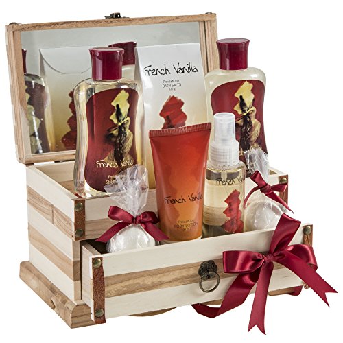 French Vanilla Bath Set Essential Bath and Body Basket: 2 Vanilla Bath Bombs, Body Lotion, Body Spray, Bath Salts, etc in a Wooden Jewelry Box