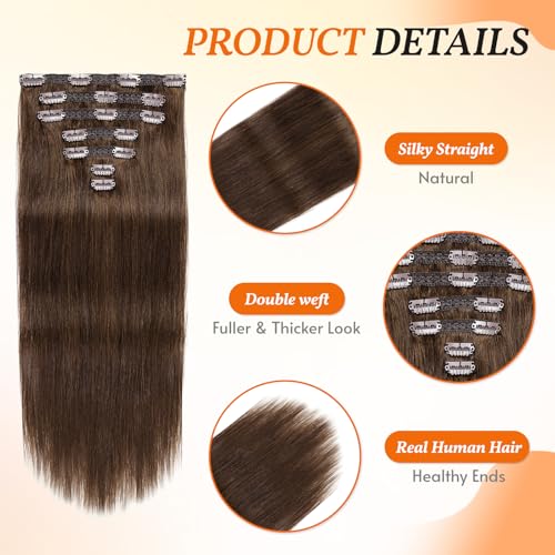 Clip in Hair Extensions Real Human Hair 14 inch, 7Pcs/70g Human Hair Clip in Extensions, Seamless Clip in Hair Extensions Human Hair #4 Chotolate Brown, 14 Inch