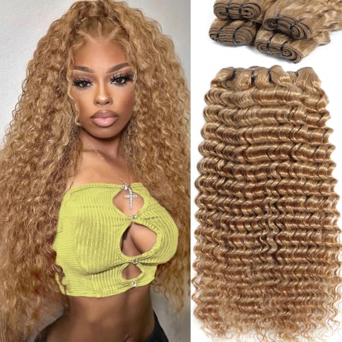 Blonde Deep Wave Human Hair Bundles 12A #27 Colored Deep Curly Human Hair 3 Bundles 18 20 22 Inch Honey Blonde Wet and Wavy Bundle for Black Women