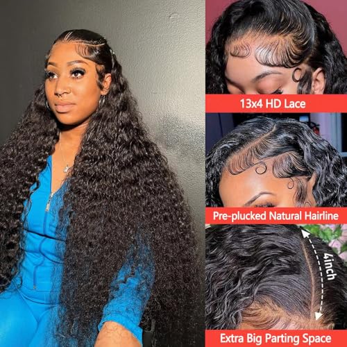 Deep Wave Lace Front Wigs Human Hair 200% Density 13x6 HD Transparent Deep Wave Frontal Wigs Human Hair With Baby Hair(32 Inch)