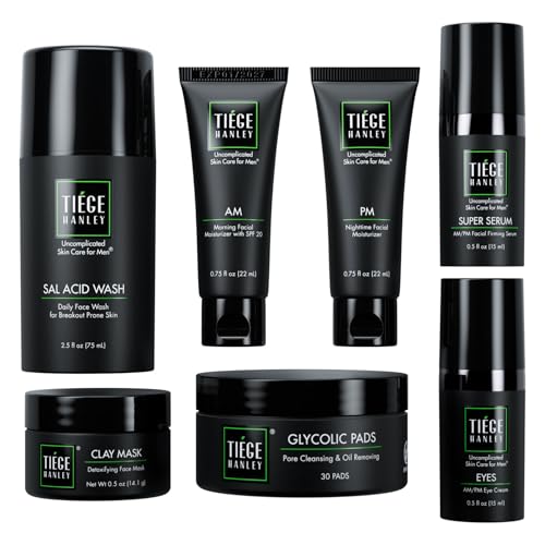 Tiege Hanley Skin Care Set for Men, Anti Aging Routine for Oily & Combination Skin, Level 3, Salicylic Face Wash, Glycolic Pads, Moisturizers, Clay Mask, Eye Cream, Serum, Men¡¯s Skin Care, 7 Piece Kit