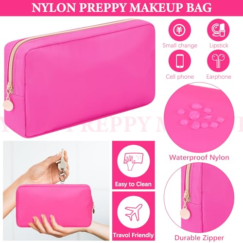 Hushee 4 Pcs Nylon Makeup Bag Preppy Zipper Pouch Waterproof Nylon Toiletry Storage Bag for Women(Small,Hot Pink)