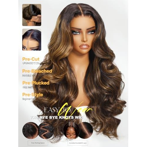 Sunber Ombre Highlight Brown Body Wave Human Hair Glueless Balayage Wigs Pre Cut 7x5 HD Lace Front with Elastic Drawstring 150% Density Put On and Go Pre Plucked Pre Bleached Invisible Knots 18Inch