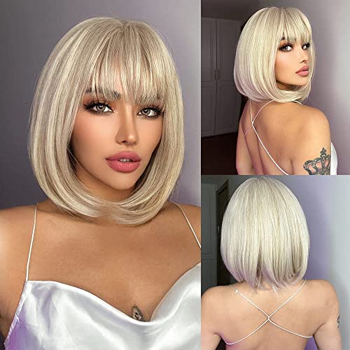 Platinum Blonde Bob Synthetic Wig for Women, Short Straight Hair with Bangs, Heat Resistant for Daily Party Use (Platinum Blonde, 12 inch)