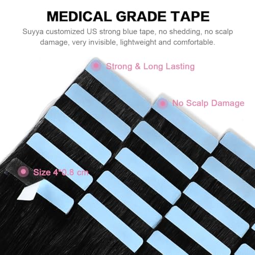 SUYYA Tape in Hair Extensions Human Hair Jet Black 28 Inch 60g/pack 20pcs Straight Seamless Skin Weft Tape in Real Human Hair Extensions(28inch #1 Jet Black)