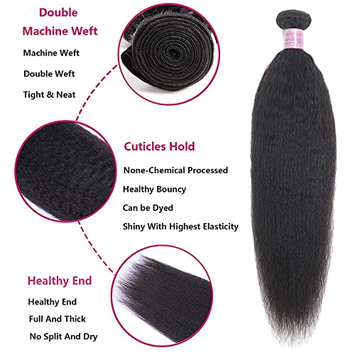 Kinky Straight Human Hair 3Bundles Natural Black Yaki Straigh Brazilian Virgin Remy Hair Grade 10A 100% Unprocessed Kinky Straight Human Hair Extensions (8 10 12 Inch, 3 Bundles)