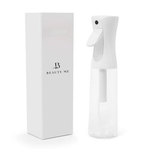 BEAUTY ME Continuous Mist Spray Bottle - 10.1oz Fine Mist Sprayer for Hair Styling, Cleaning, Plants, Salons, Essential Oils, and More - White