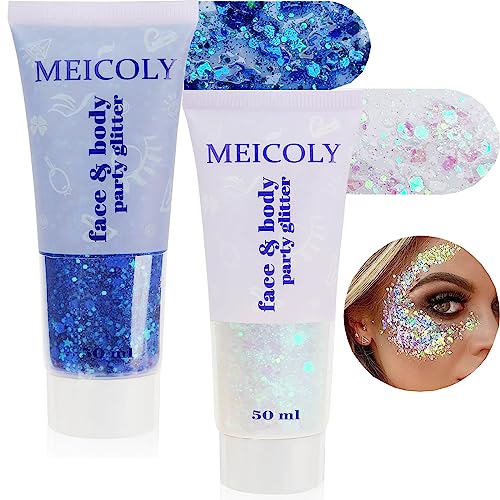MEICOLY Blue and Clear White Face Body Glitter Set,Mermaid Face Glitter Gel,Singer Concerts Festival Rave Accessories,Sparkling Sequins Glitter Face Paint for Women and Kids,Chunky Glitter Makeup