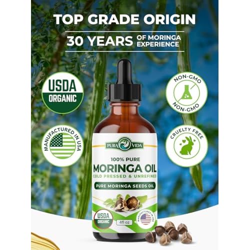 100% Pure Moringa Oil Organic for Face, Hair, Nails and Dry Skin - USDA Certified Single Origin Moringa Oleifera Seeds Extract - 3rd Party Tested, Cold Pressed & Unrefined Organic Moringa Seed Oil
