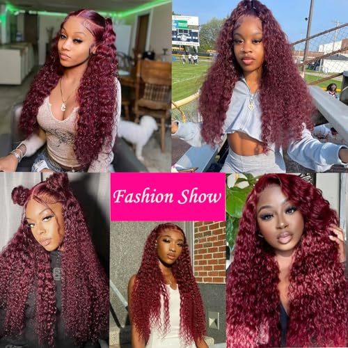 99J Burgundy Wig Human Hair 30inch 13x6 Deep Wave Lace Front Wigs Human Hair Glueless Wigs Human Hair Pre Plucked HD Transparent Lace Frontal Wigs for Black Women Deep Curly Red Colored Wig