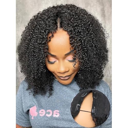 ISEE V Part Human Hair Afro Curly Minimal/No Leave Out Upgrade U Part for Black Women V Shape Kinky Curly Thin Part Glueless Clip In Half Wig 180% Density Natural Color 20 Inch