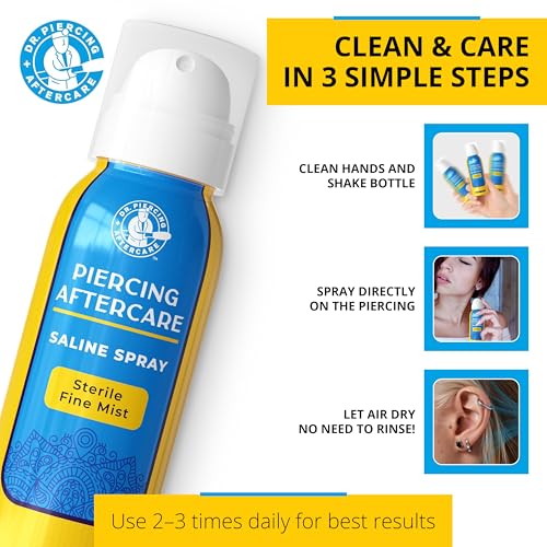 Dr. Piercing Aftercare ? Piercing Aftercare Sterile Saline Spray - Sterile Saline Solution for Piercings - Ear Piercing Cleaner Saline Wash Spray - Nose, Ear, Belly & Piercing Bump ? 4.0 oz