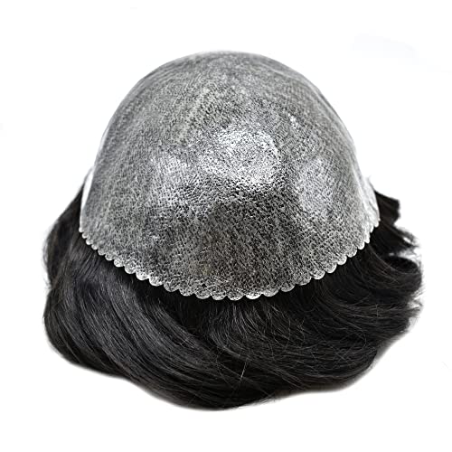 Toupee For Men Real Human Hair Replacement System For Men Full PU Mens Hairpiece Natural Looking Mens Hair Pieces For Hair Loss Toupee 7x9#1B Off Black