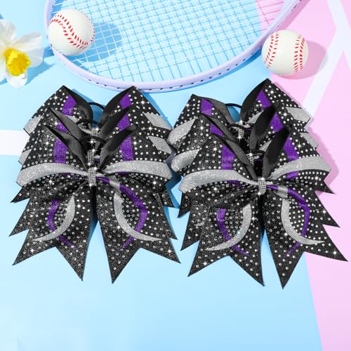 6PCS Full Glitter Rhinestone Cheer Bows Criss Cross Stiff Competition Large Cheerleading Hair Bows Elastic Band for Cheerleaders Girls -Black/Purple/Silver