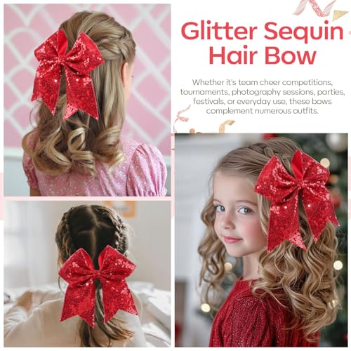 OAOLEER 2PCS Glitter Cheer Hair Bow Clips for Girls, 7 inch Red Sequin Large Hair Bows Hair Accessories for Girls Teen Softball Cheerleader (Red)
