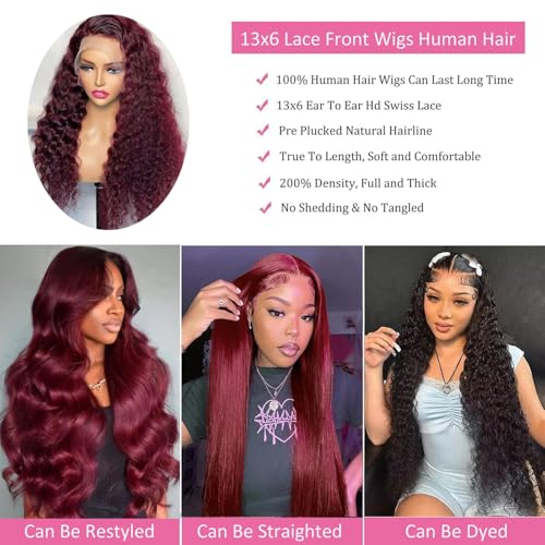 99J Burgundy Wig Human Hair 30inch 13x6 Deep Wave Lace Front Wigs Human Hair Glueless Wigs Human Hair Pre Plucked HD Transparent Lace Frontal Wigs for Black Women Deep Curly Red Colored Wig