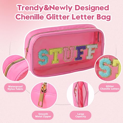 Swim Chenille Letter Makeup Bag,Waterproof Cute Women Clear Cosmetic Bags Sunscreen Organizer for Beach Pool Swimming Team Swimmers,Travel Toiletry SPF Zipper Pouches for Teen Girls (PINK-SWIM)