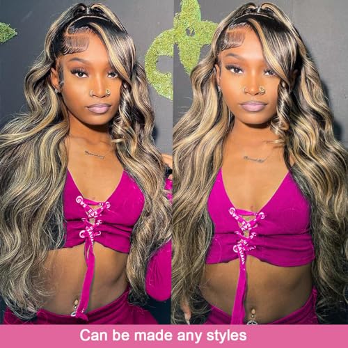32 Inch 1B/27 13x6 Balayage Highlight Ombre Body Wave Lace Front Wigs Human Hair Honey Blonde Colored Lace Frontal Glueless Wigs Human Hair Pre Plucked for Women with Baby Hair