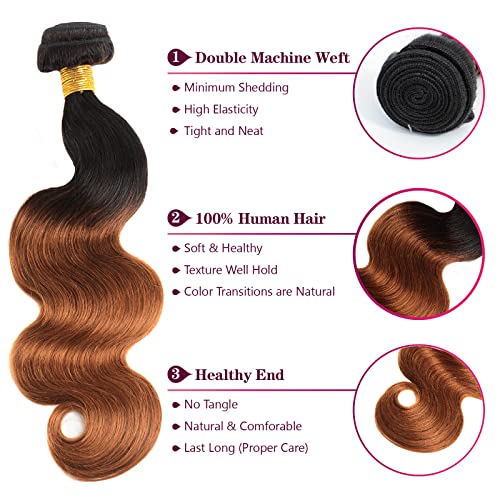 Ombre Human Hair Bundles with Closure Body Wave 3 Bundles 1B/30 Brazilian Virgin Human Hair Two-tone Dark Root with 4x4 Lace Closure(T1B/30, 22 24 26 + 20)