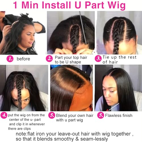 U Part Wigs Human Hair For Black Women Upgrade U Part Human Hair Wigs With Drawstring Beginner Friendly No Sew In No Leave Out No Glue U Part Wig 200% Density Natural Color (24inch)