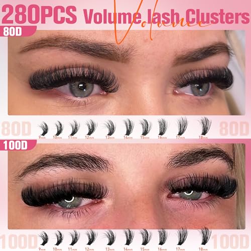 EYDEVRO Lash Clusters 80D100D Volume Eyelash Clusters 280 Pcs Left/Right Individual Lashes D Curvature Thick Cluster Lashes Cluster Eyelash Extensions DIY Lash Extensions at Home