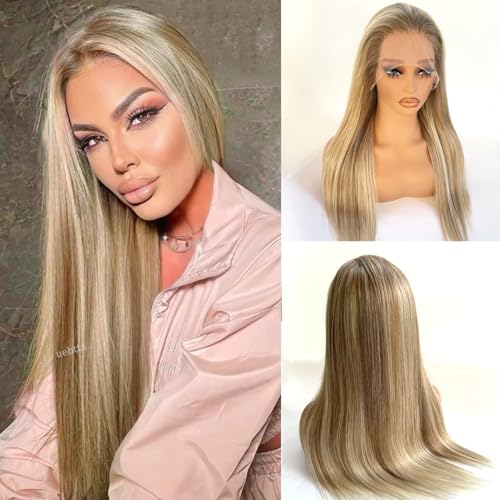 Balayage Ash Blonde Wig Human Hair Lace Front Wigs 28 Inch Ash Brown Balayage Ash Blonde Highlights Human Hair Glueless Wigs Pre Plucked HD 13x4 Lace Frontal Human Hair Wigs for Women 180% Density