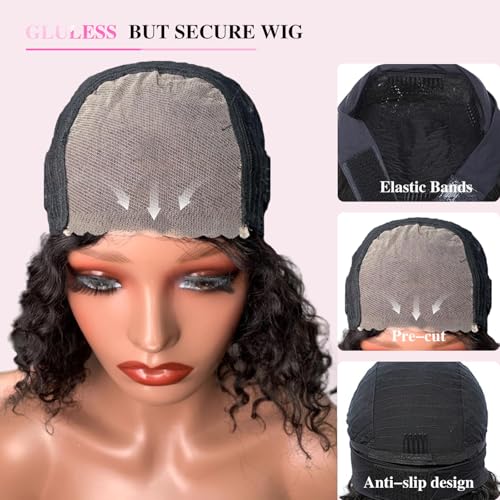 Bob Wig Human Hair Glueless Wigs Human Hair Pre Plucked Pre Cut 5x5 Short Curly Human Hair Wig For Black Women 180 Density Deep Wave Closure Wigs Human Hair 14 Inches Natural Black