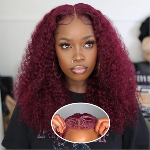 13x4 Deep Wave Lace Front Wigs Human Hair 99j Burgundy Curly Lace Frontal Glueless Wigs Pre Plucked 180% Density Color Wigs for Women (20inch)