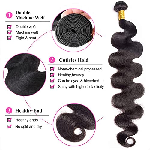 Body Wave 4 Bundles with Closure 100% Unprocessed Brazilian Body Wave Human Hair Weave with 4x4 Free Part Lace Closure Natural Color (18 20 22 24+16 Inch)