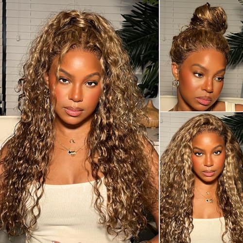 Honey Blonde 360 Lace Front Wigs Human Hair Pre Plucked 180% Density, Deep Wave Highlight Curly Brown Full 360 HD Lace Frontal Wigs, 4/27 Colored 12A Soft Shinny Thick Brazilian Hair 18 IN