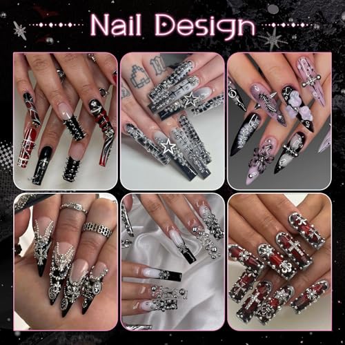3D Mini Punk Nail Studs Cone Spike Alloy Rivets (Black+Silver), Flatback Nail Pearls and Round Steel Balls Beads(Silver), Goth Nail Charms and Gems for Nail Accessories