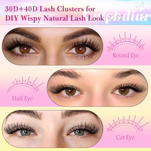 Eyelash Extension Kit 320PCS Lashes Clusters 30D+40D Lash Extension Kit 9-16mm Wispy Cluster Eyelash Extensions Kit with Lash Bond and Seal Tweezers Natural Lash Clusters Kit for Beginners