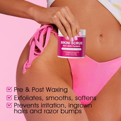 Bikini Area Exfoliator with 10% AHA+BHA & Turmeric, Ingrown Hair & Razor Bumps for Bikini Underarm Area, Skin Moisturizing, Smoothing, Even Skin Tone Exfoliating Body Scrub with Walnut Shell Powder
