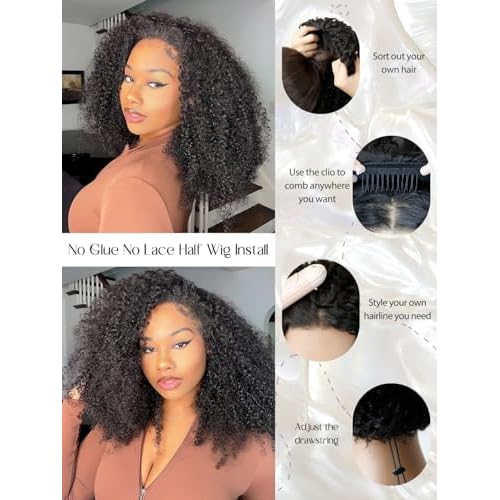 NOSTALGIA Afro Kinky Curly Half Wigs For Black Women 3 In 1 Half Wig Synthetic With Drawstring Afro Curly Glueless Flip Over Wigs Quick Install Beginner Friendly(Naturak Black 2#)