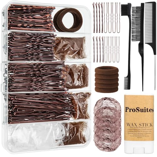 200 Brown Bobby Pins, 4 Hair Nets for Buns, Hair Wax Stick, 3 Slick Back Hair Brush and 105 Hair Bands for Women Girls Dance Competition Must Haves