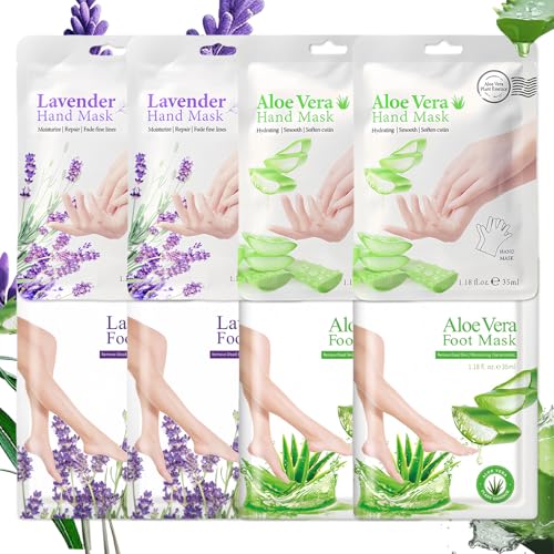 8 Pairs Hand and Feet Mask, Hand Gloves Moisturizing, Hydrating, Feet Peeling Mask for Men Women Repairing Dry, Cracked Skin, Aloe Vera & Lavender,