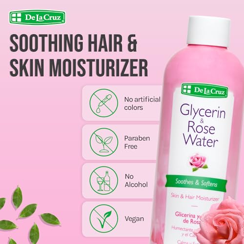 De La Cruz Rose Water and Glycerin for Face - Rosewater Facial Toner and Moisturizer for Skin and Hair 8 fl oz (236 mL) - 2 Bottles