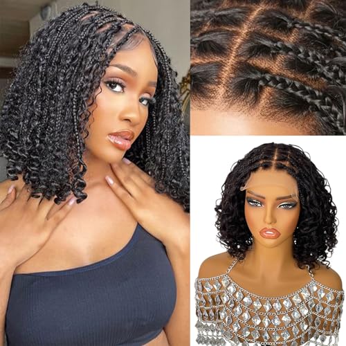 Smavida Deep Curly Bob Braid Human Hair Wigs Glueless 5x5 HD Lace Closure Boho Box Braids Wig Short Curly Knotless Braided Wigs for Women Pre Plucked With Baby Hair 12 Inch Nature Black 180% Density