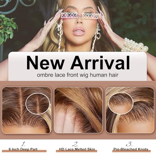 Ombre Lace Front Wig Human Hair 13x6 Body Wave HD Lace Front Wigs Human Hair Pre Plucked Honey Blonde Highlight HD Lace Frontal Wig 13x6 200 Density Colored 24 Inch