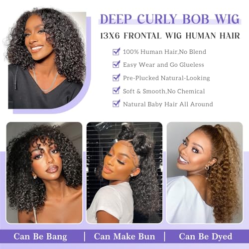 Bob Wig Human Hair 13x6 Lace Frontal Deep Curly Wave, 200 Density Short Wigs for Black Women, Pre Plucked with Baby Hair Natural Hairline Easy to Style (20 Inch)