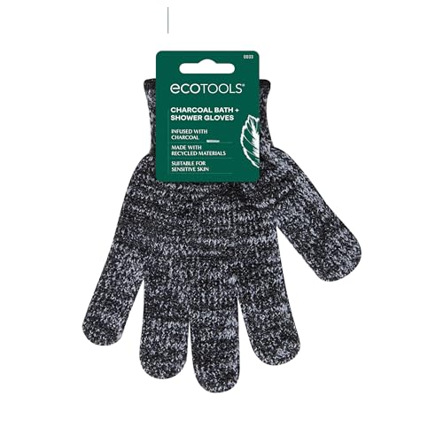 EcoTools Charcoal Bath + Shower Gloves, Exfoliating Gloves Remove Dead Skin & Cleanse Whole Body, Bath Gloves Infused With Charcoal To Scrub & Purify Skin, Cruelty Free, 1 Pair (2 Gloves)