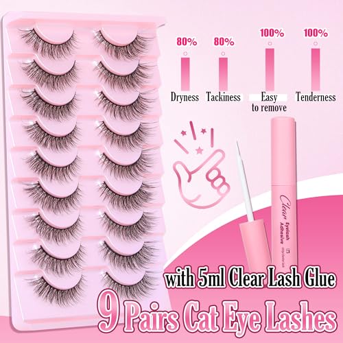 Natural Lashes Kit with Lash Glue 3D False Eyelashes Wispy 12mm Short Cat-Eye Lashes with 5ML Clear Eyelash Glue 9 Pairs Fake Eyelashes with Glue by TOOCHUNAG